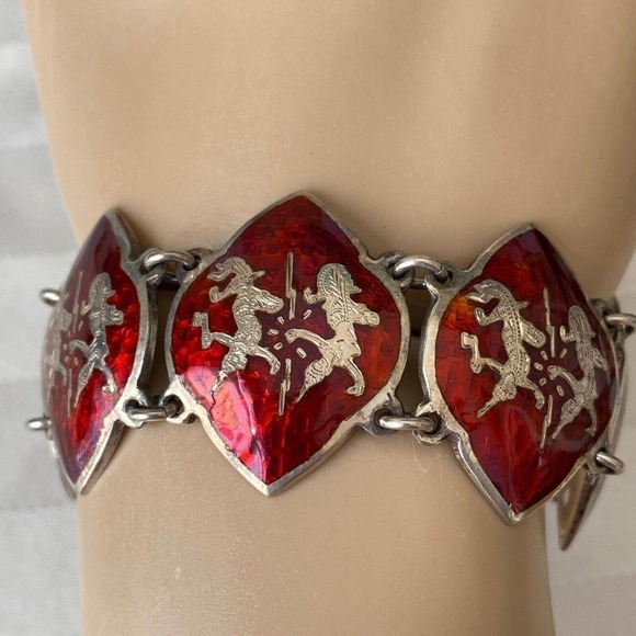 Amfarco Siam Vintage Sterling Silver Red Enamel Dancer Panel Link Bracelet 7.5" - Picture 2 of 5
